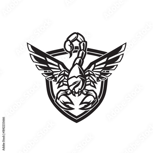 Powerful Winged Scorpion Emblem Design Inside a Heraldic Shield in Engraving Style Vector Illustration.