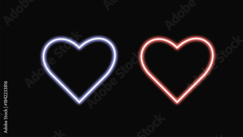 Neon heart shapes in blue and red on a symbolizing love