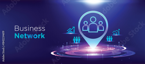 Business network vector concept showing people location icon on futuristic technology ring for customer relationship management and digital communication. Business technology illustration