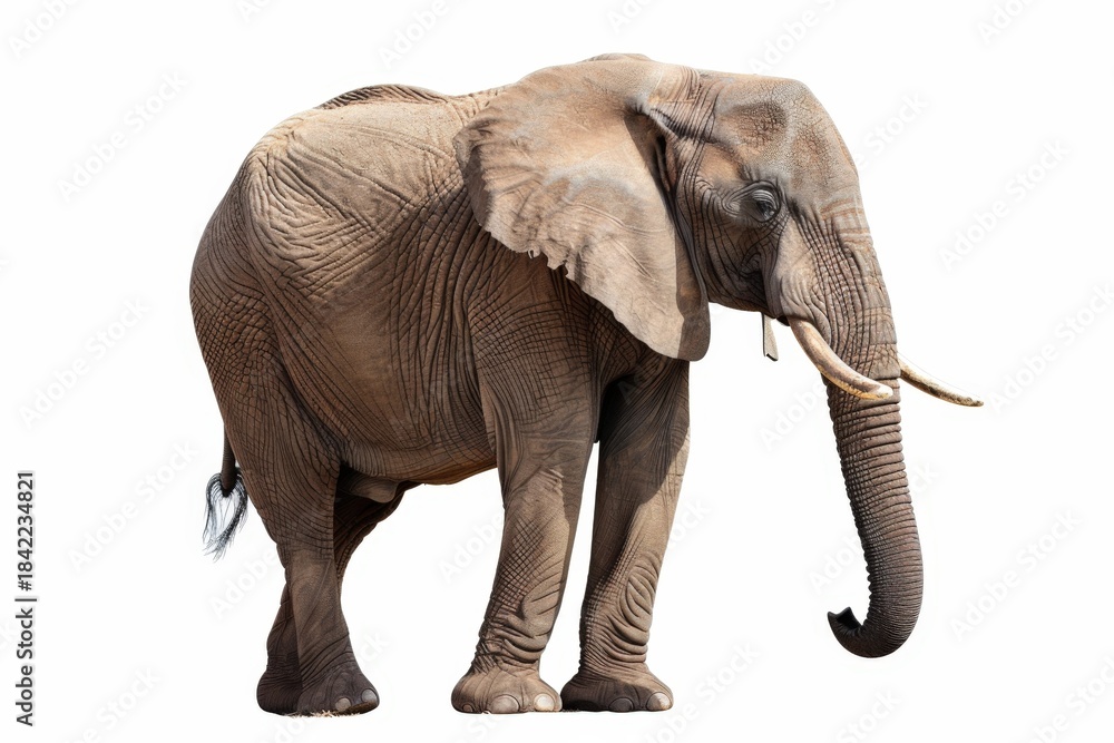 Obraz premium A majestic African elephant stands proudly against a clean white backdrop, showcasing its weathered skin and powerful presence. Evokes a sense of wildness and age.
