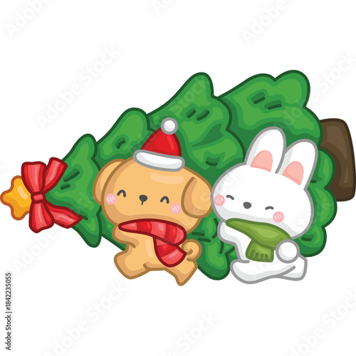 a vector of a rabbit and dog carrying a Christmas tree