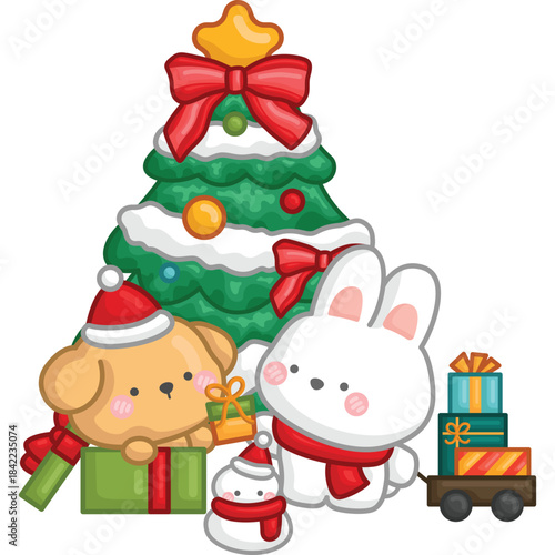 a vector of a rabbit and dog with Christmas tree and present
