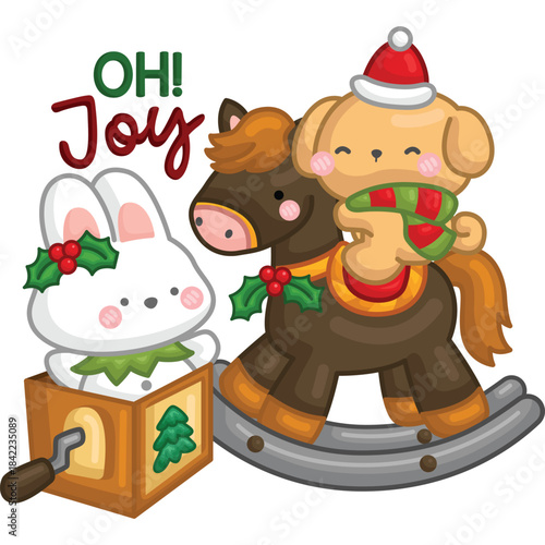 
a vector of a cute rabbit and dog playing with toys in Christmas vibe