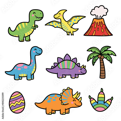 Adorable Cartoon Dinosaurs and Prehistoric Elements Collection for Kids.