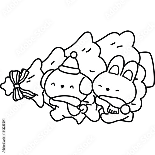 a vector of a rabbit and dog carrying a Christmas tree
