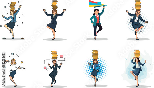 Happy Businesswoman Balancing Stack of Coins on Head Vector Illustration - Financial Success, Wealth, and Stability Concept