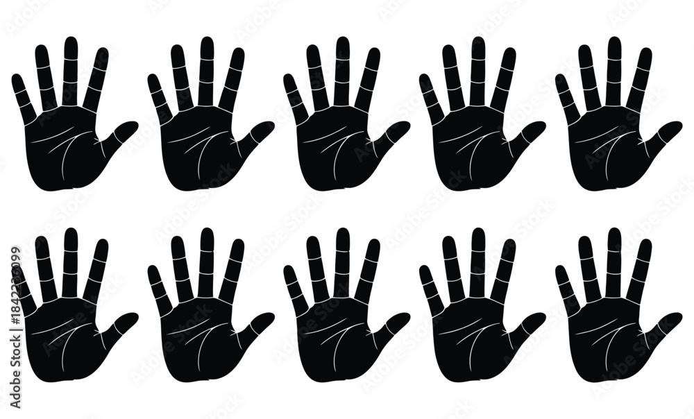 Fototapeta premium Black hand silhouettes arranged in a repeating pattern against a plain white background
