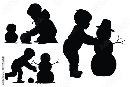 Children building snowmen silhouettes snowman