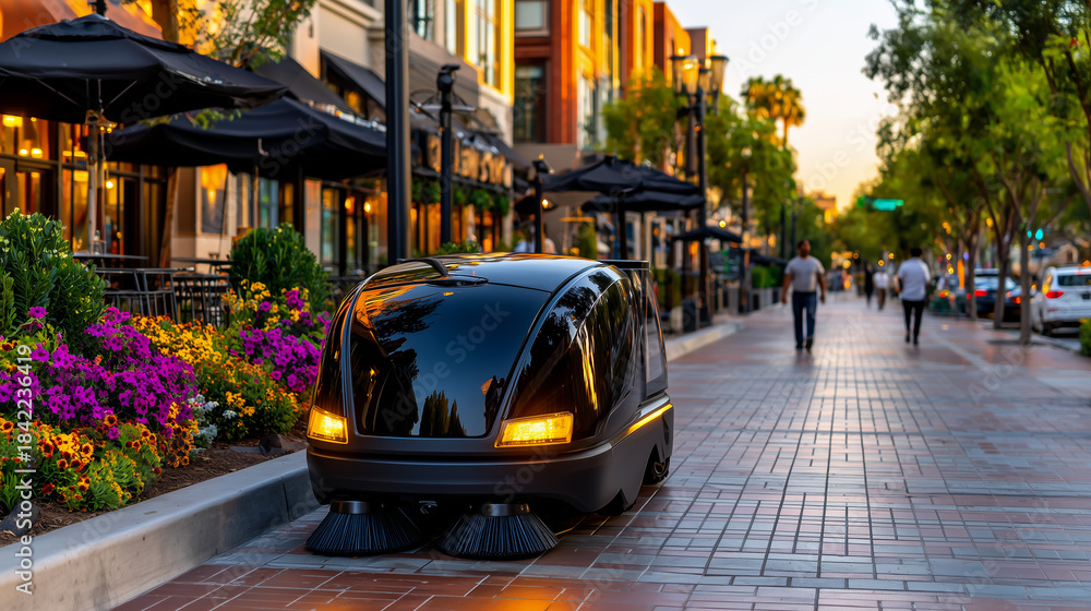 Fototapeta premium Autonomous Street Sweeper Navigating Car-Free Urban Plaza at Golden Hour