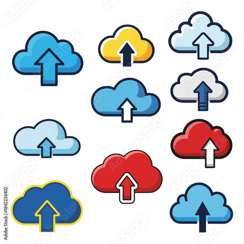 Collection of Cloud Upload Icons representing data storage and internet services