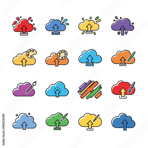 Collection of colorful cloud upload icons representing digital art, data storage, and creative services