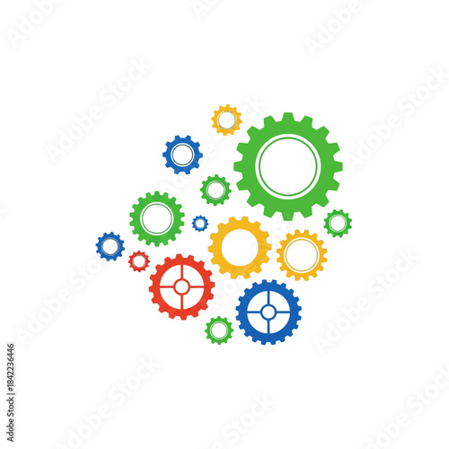 Colorful gears interconnected on a black background representing mechanical systems and industrial innovation
