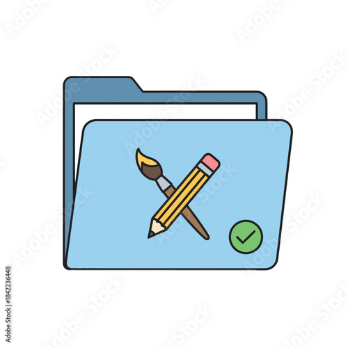 Open folder with art tools and a checkmark, representing design projects and creativity