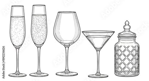Elegant Line Art Assortment of Drinkware and Jar Glass Collection
