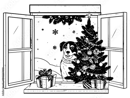 Dog at Home with Christmas Decorations Illustration