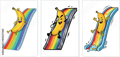 Happy Cartoon Banana Mascot Sliding Down Rainbow Water Slide Vector Illustration - Fun, Food, Children's Play, and Summer Concept