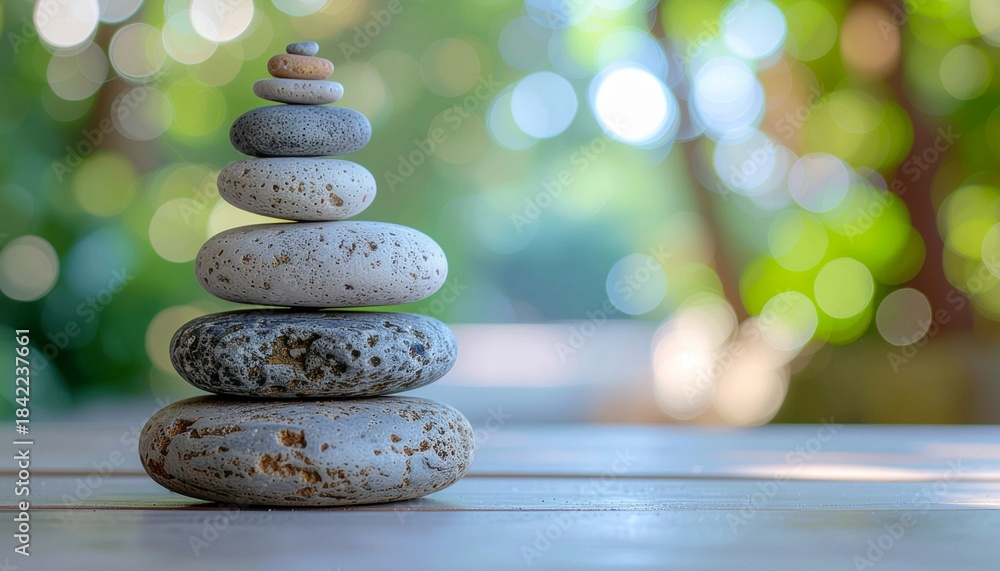 Obraz premium Stack of zen stones with soft green background.