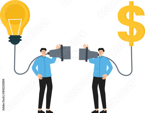 Venture capital or financial support for startup company, make money idea or idea pitching for fund raising concept, businessman and woman connect lightbulb with money dollar sign.
