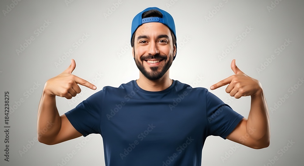 Naklejka premium Confident young man in a blue tshirt and cap pointing to himself, smiling broadly and showing pride or ownership