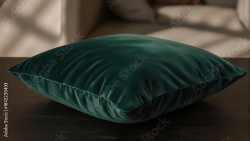 Soft Green Velvet Pillow on a Wooden Surface.
