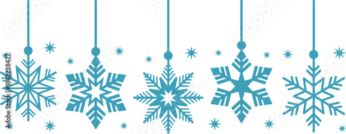 Blue hanging snowflake vector illustration set, elegant flat winter christmas decoration elements, frozen ice crystal pattern for holiday backgrounds and banners