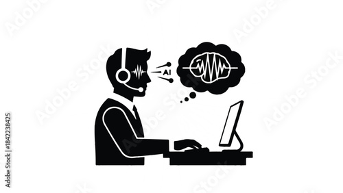 Businessman in headset talking on computer with soundwave thought bubble, representing customer service or call center concept in modern office setting