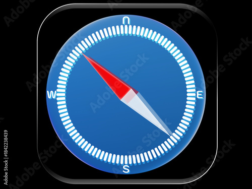 Glossy Liquid Glass Blue Compass Icon on Black Background – 3D Navigation Symbol with Red Needle and Glass-Like UI Button Style