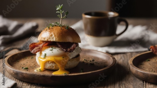 Delicious Breakfast Burger with Bacon and Egg on a Wooden Plate.