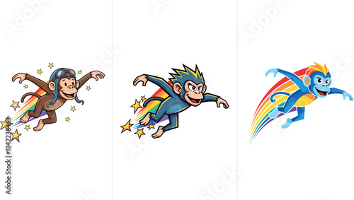 Flying Superhero Monkey Mascot with Rainbow and Star Trail Vector Illustration - Speed, Power, Delivery, and Adventure Concept