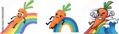Happy Cartoon Carrot Mascot Sliding Down Rainbow Vector Illustration - Vegetable, Healthy Food, Fun, and Children's Play Concept