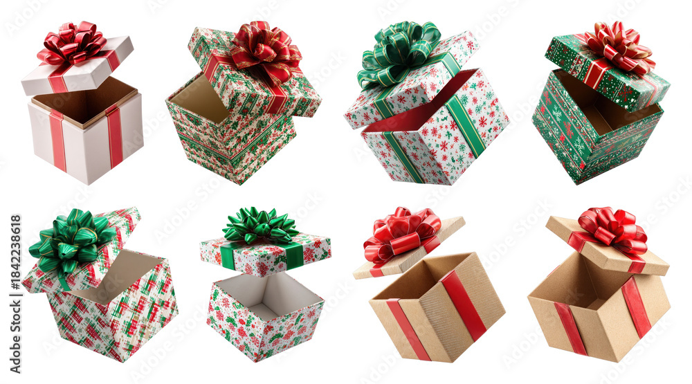 Fototapeta premium PNG Festive gift boxes with bows, element set on transparent background