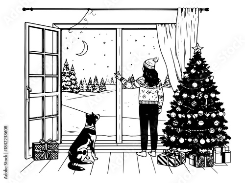 Black and White Christmas Celebration at Home Illustration