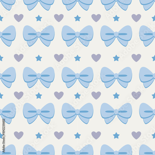 Pastel seamless bow pattern in Cloud Dancer inspired shades. Soft blue bow seamless pattern. Decorative bow and heart pattern 
