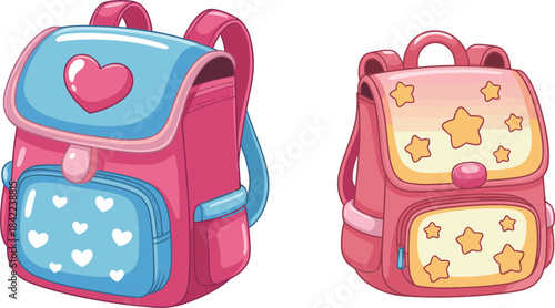 Cute pink and blue school backpacks vector illustration set, adorned with hearts and stars, adorable bags for primary school children accessories