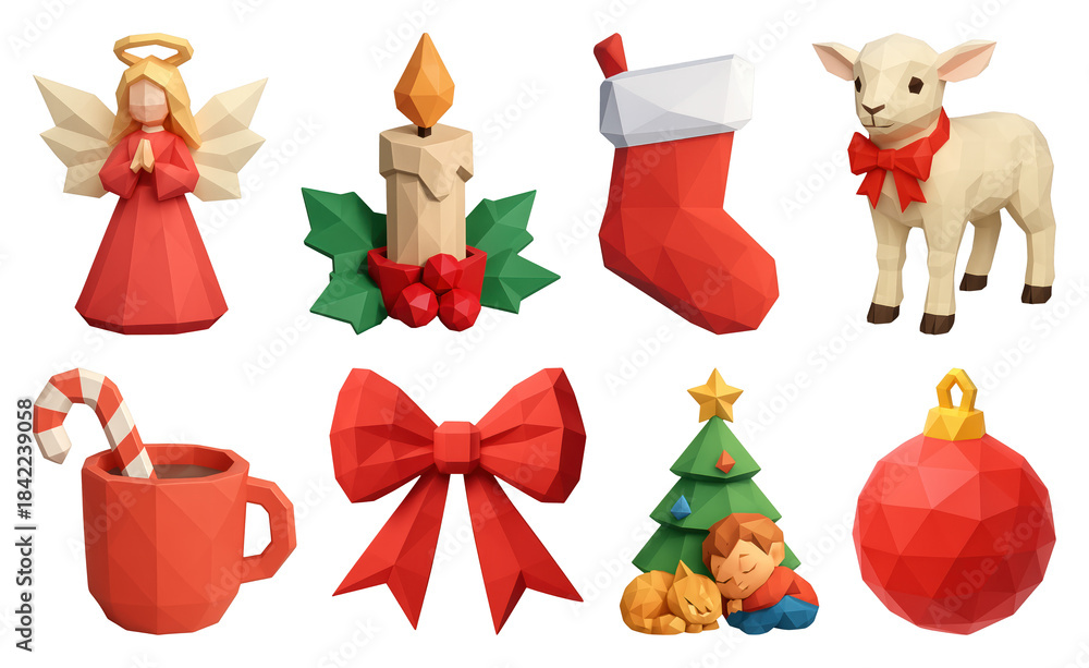 Obraz premium PNG Festive low-poly Christmas icons, element set on transparent background