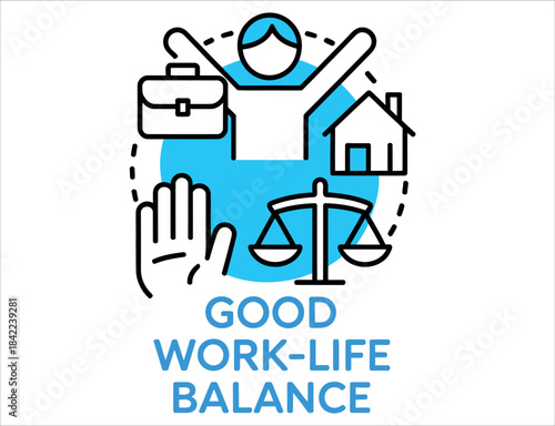 Work-Life Balance Concept Icon
Employee Burnout Prevention Color Vector. Abstract idea illustrating a Good Work-Life Balance and Wellbeing in the workplace. Isolated thin line drawing.