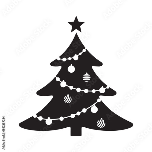  Black Silhouette Christmas Tree Decorated with Ornaments, Star, and White Garland Lights.