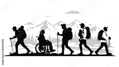 Diverse group of people hiking together outdoors in nature with mountain landscape silhouette