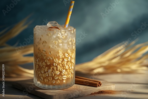 Refreshing oat drink served over ice with a hint of cinnamon and a playful straw perfect for sunny afternoons.