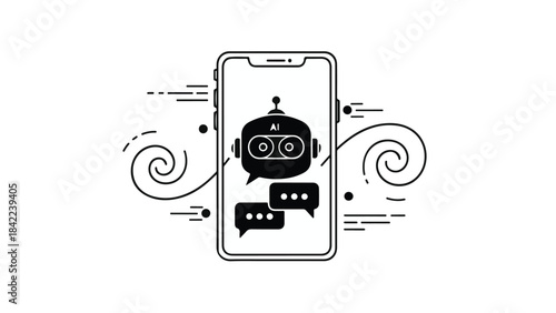 Robot chatbot on smartphone screen with speech bubbles and swirling lines illustrating AI technology and digital communication