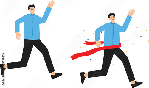 Businessman leadership or business victory, Business Challenge  Power to win competition concept, businessman reach finishing line win competition over men colleague.
