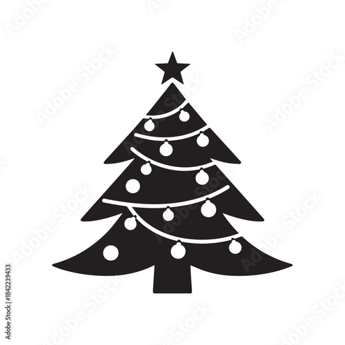  Black Silhouette Christmas Tree Decorated with Ornaments, Star, and White Garland Lights.