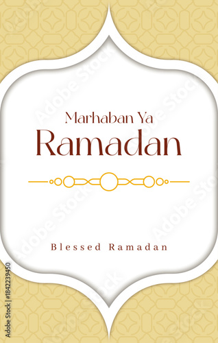 Marhaban Ya Ramadhan Golden Arabic Ornament Greeting Background. Marhaban ya Ramadan banner design modern simple islamic background.