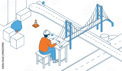 Isometric engineer working on bridge construction project plans at a desk, wearing safety helmet, civil ngineering, architecture, and transportation infrastructure vector illustration