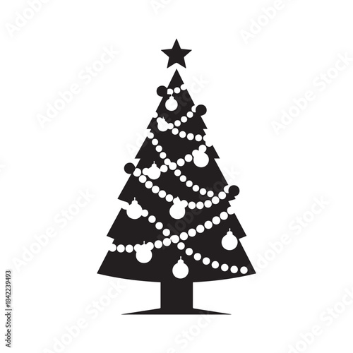  Black Silhouette Christmas Tree Decorated with Ornaments, Star, and White Garland Lights.