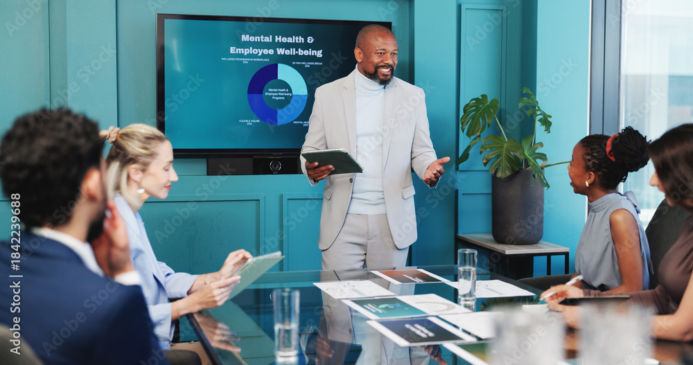Fototapeta premium Tablet, presentation and hr manager in office with team for mental health and employee wellbeing. Digital technology, discussion and African businessman with human resources workshop in workplace.