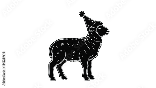 Black sheep wearing party hat celebrating fun and individuality in modern minimalist illustration