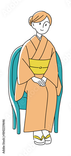 椅子に座る着物の女性のイラスト／和装・日本文化・人物素材
