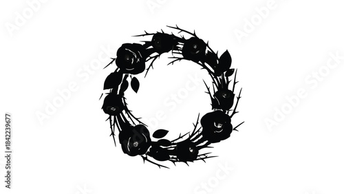 Elegant floral wreath design with black flowers and twigs on white background for decoration and design projects