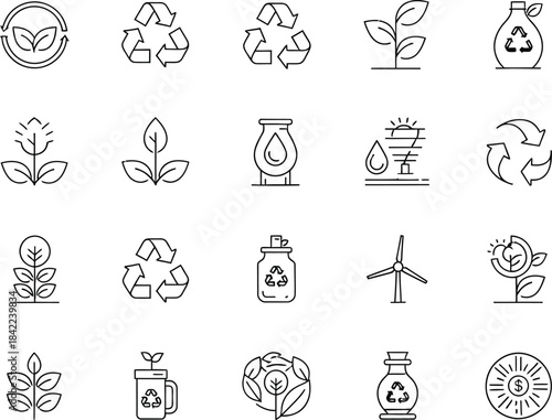 Collection of eco friendly and nature related line art icons leaf plant